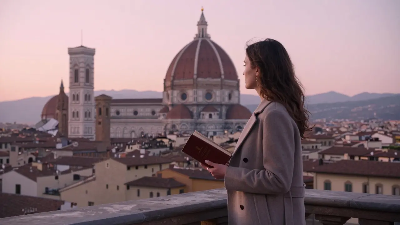 A woman stands alone on a Florence rooftop at dawn, gazing at the Duomo with quiet contemplation.