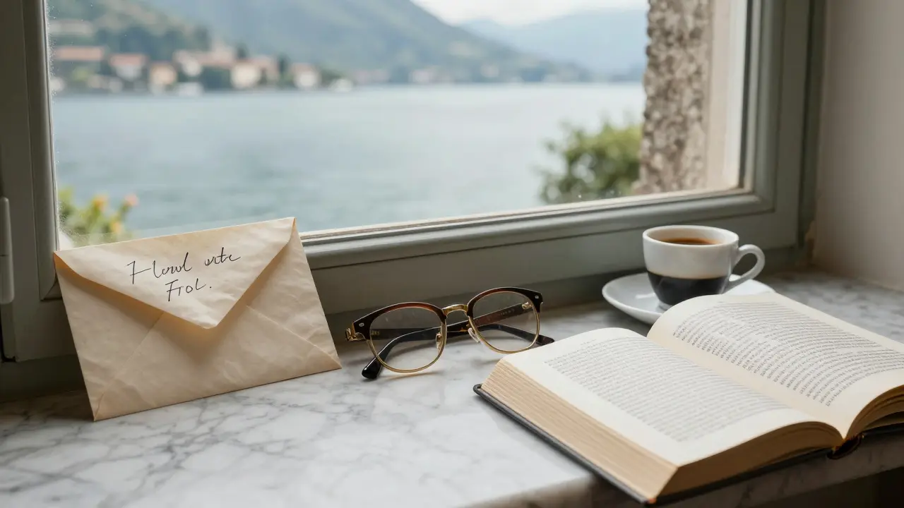 Abstract symbols of connection: a letter, opera glasses, and an espresso cup in soft morning light.