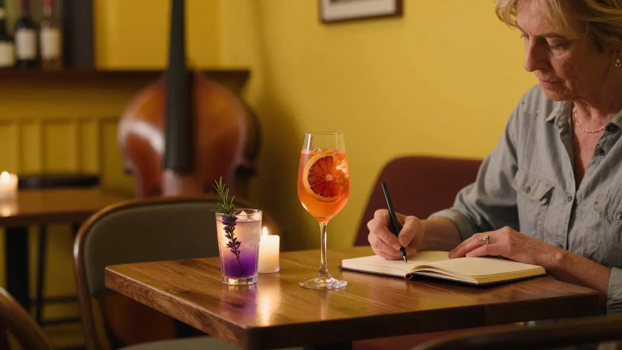 An elderly woman writing in a notebook beside a glowing cocktail with rosemary and candlelight inside a cozy bar.