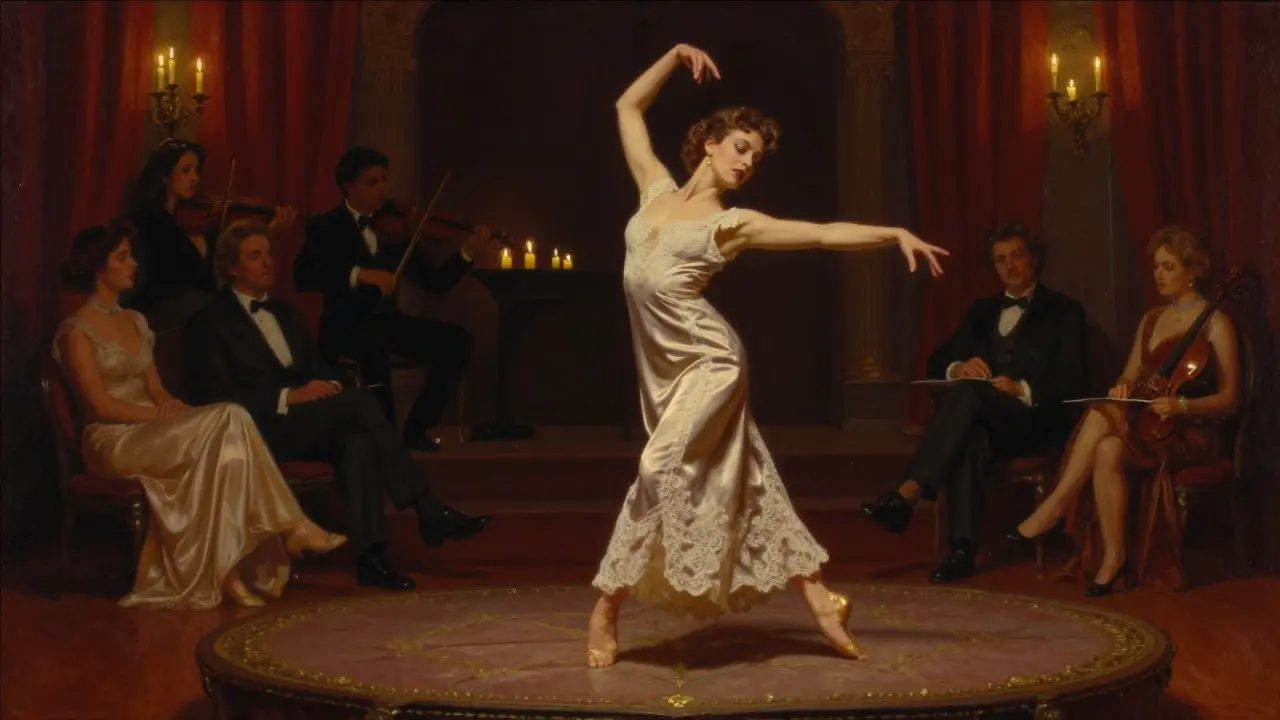 An elegant burlesque dancer in vintage attire under warm candlelight in a quiet Amsterdam theater.