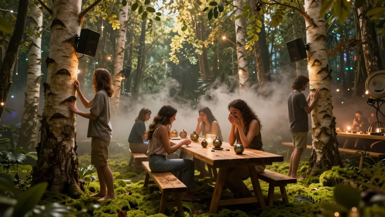 An indoor forest event at The Club Milano with real trees, moss, and people holding meaningful objects under soft glowing light.