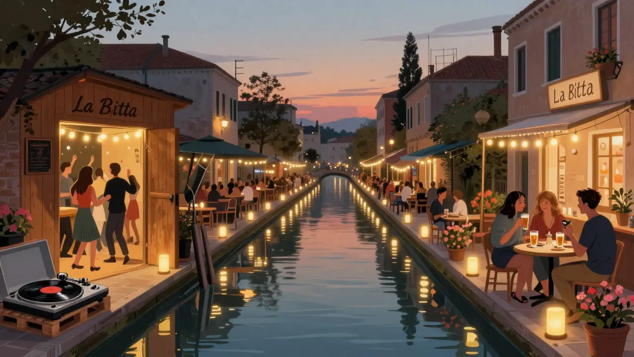 Canal-side bars in Navigli glowing at night, dancers on wooden pallets under string lights.