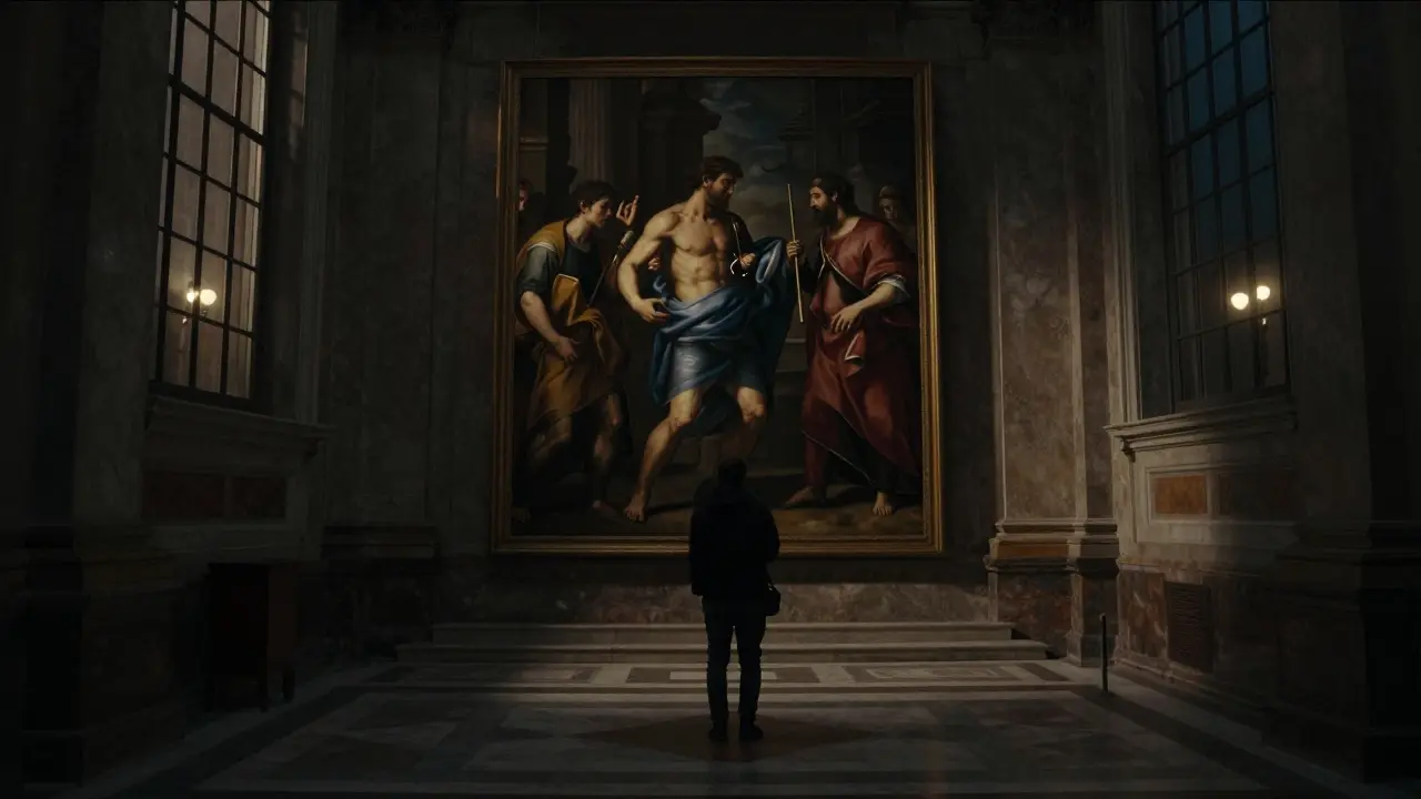 Caravaggio's painting illuminated in a quiet church, a lone visitor lost in awe under soft lighting.