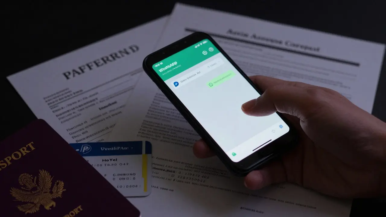 Cautionary scene with WhatsApp message beside secure payment receipt and hotel keycard.