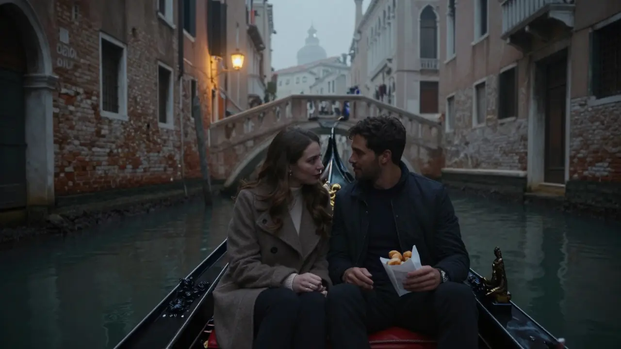 Couple on a gondola in Venice at twilight, gliding through foggy canals under ancient bridges.