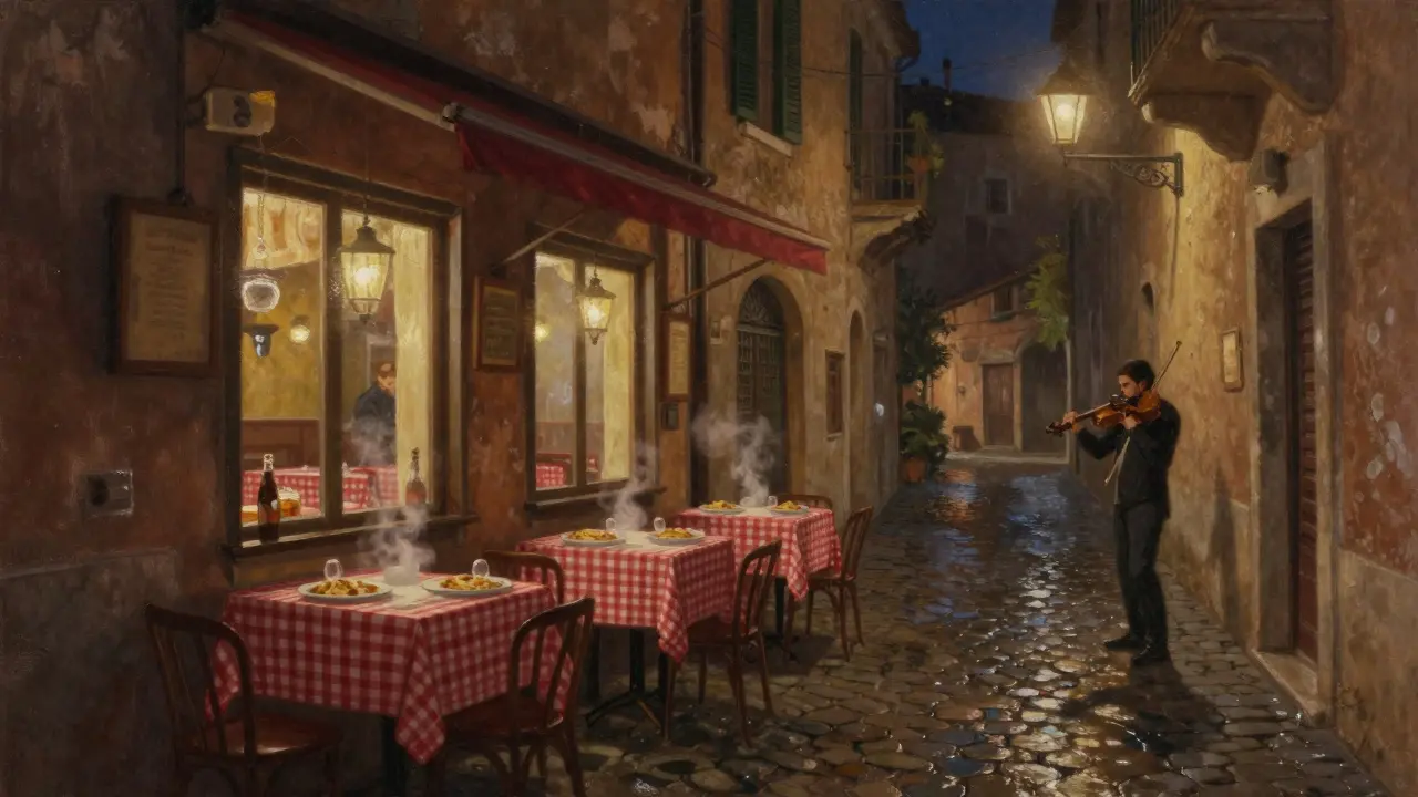 Cozy Trastevere alley with warm restaurant lights and a violinist playing nearby.