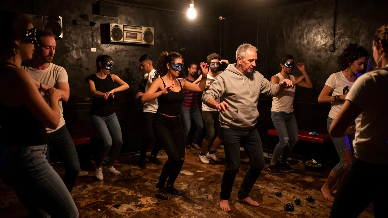 Diverse crowd dancing passionately in a dark, sticky club interior under strobe lights at 2 a.m.