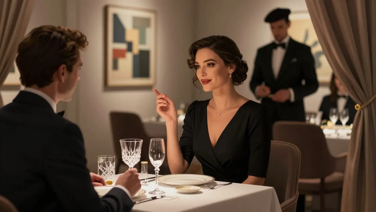 Elegant woman in a black dress dining with a client in a luxurious Milan restaurant.