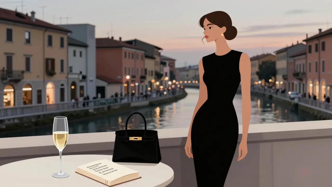 Elegant woman on a Milan terrace at dusk with Prosecco and poetry book, city lights behind her.