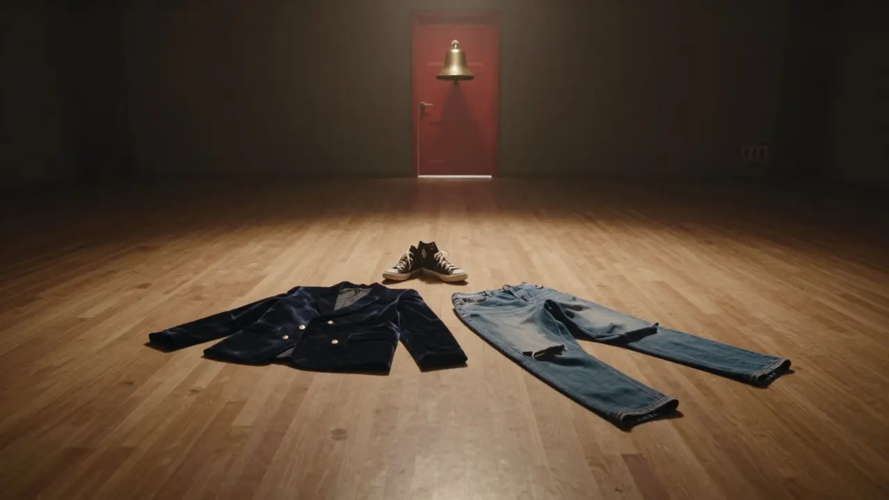 Empty dance floor at dawn with abandoned clothes and a brass bell on a red door, bathed in a single beam of light.