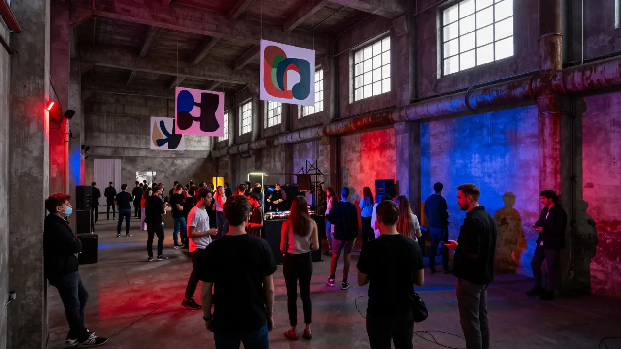 Industrial warehouse party with strobing lights and crowd dancing to techno music at dawn.