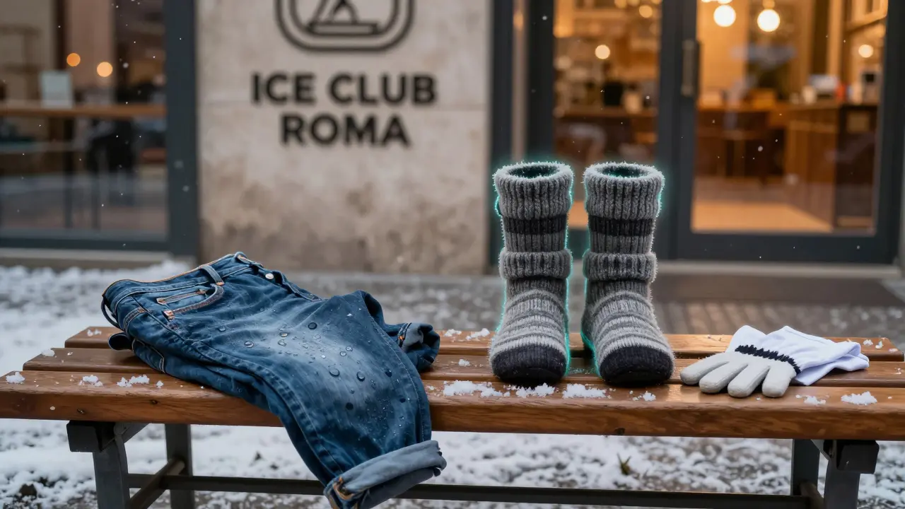 Insulated socks and gloves placed on a bench outside the club, next to discarded jeans and a t-shirt under falling snow.