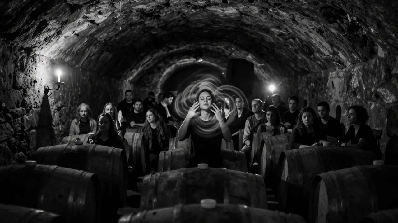 Intimate candlelit dance floor in a centuries-old wine cellar, single strobe illuminating a small crowd in near darkness.