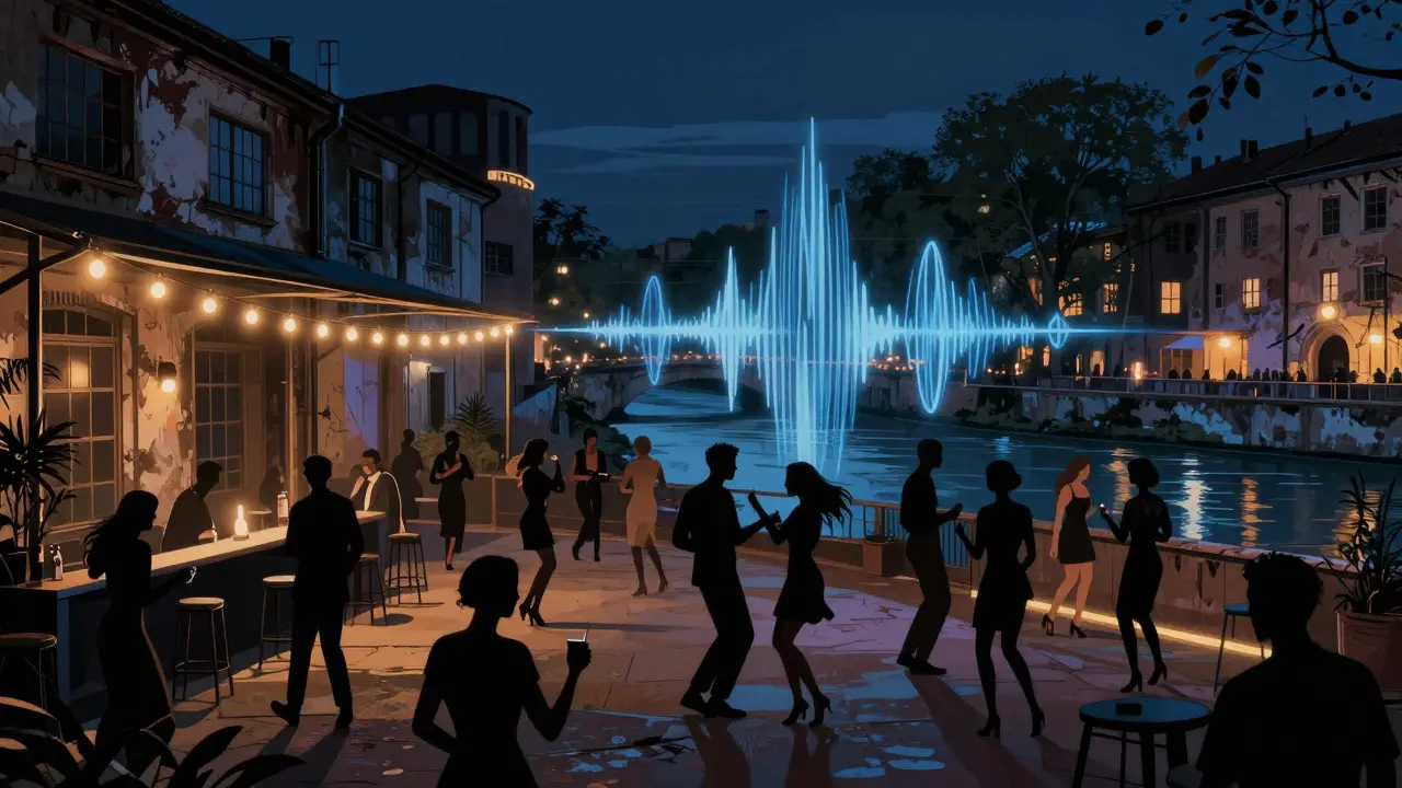 Nightclub in a converted warehouse with guests dancing on a terrace overlooking the Tiber River under string lights.