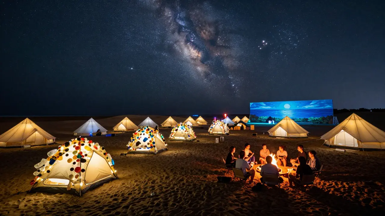 Nighttime camping area with glowing art installations and string lights among dunes.