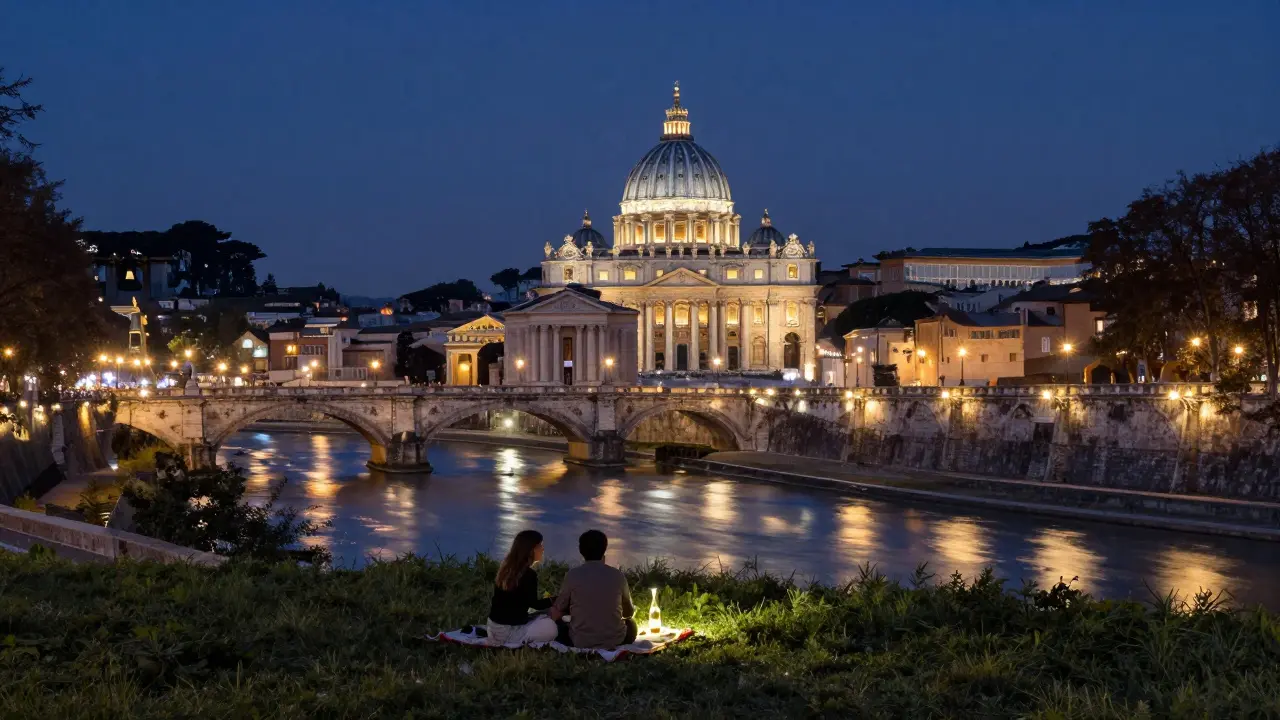 Panoramic view of Rome from Janiculum Hill at midnight, with glowing landmarks and a couple on the grass.