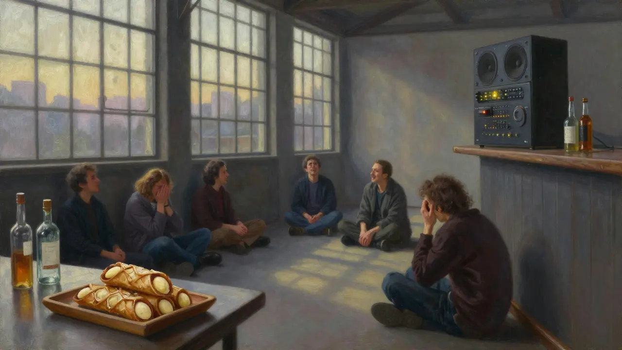 Quiet dawn inside Club Milano, patrons sitting in silence as cannoli sit on a wooden tray beside empty glasses.