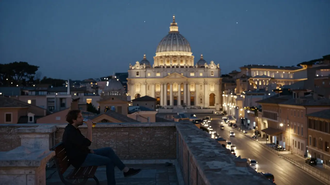 Quiet rooftop terrace at night with a person sitting alone, St. Peter’s dome glowing in the distance under stars.