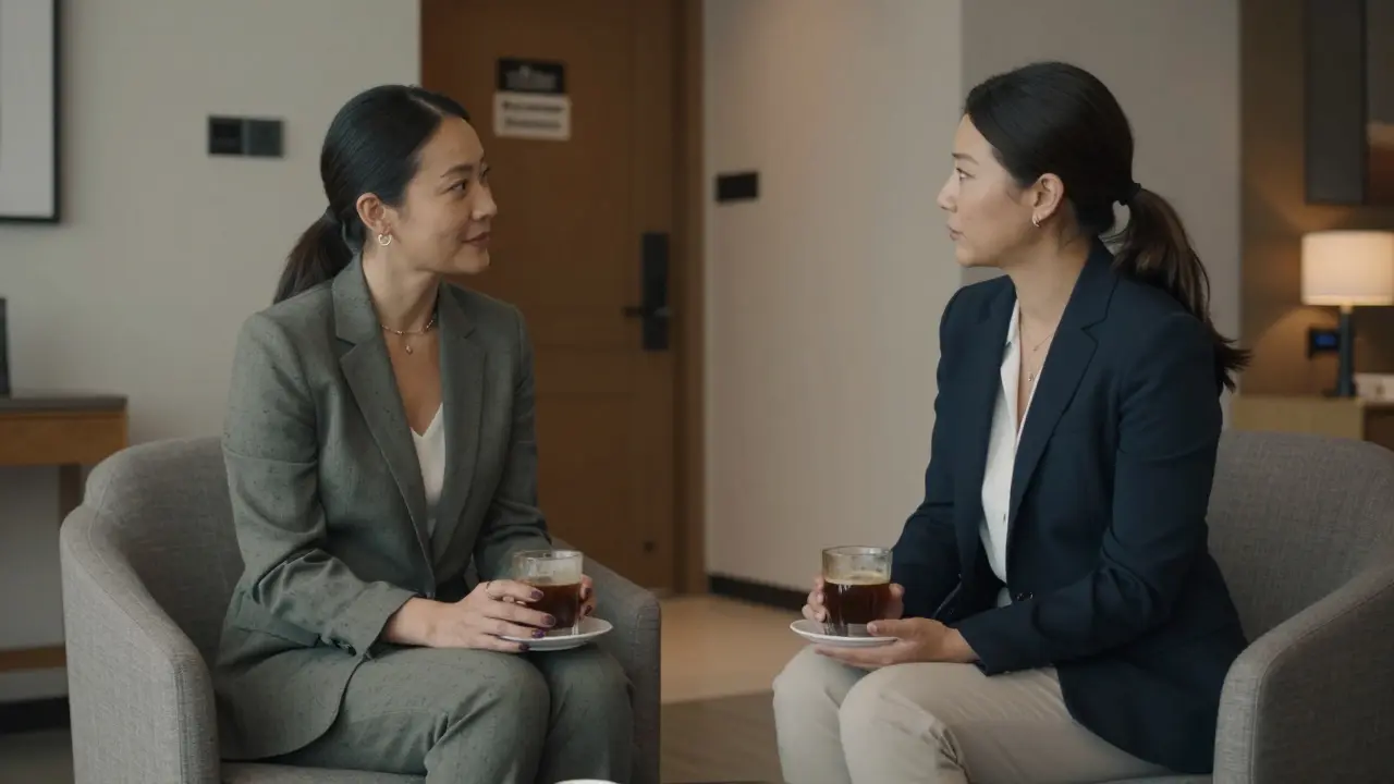 Respectful meeting between companion and client in a hotel room, no physical contact.