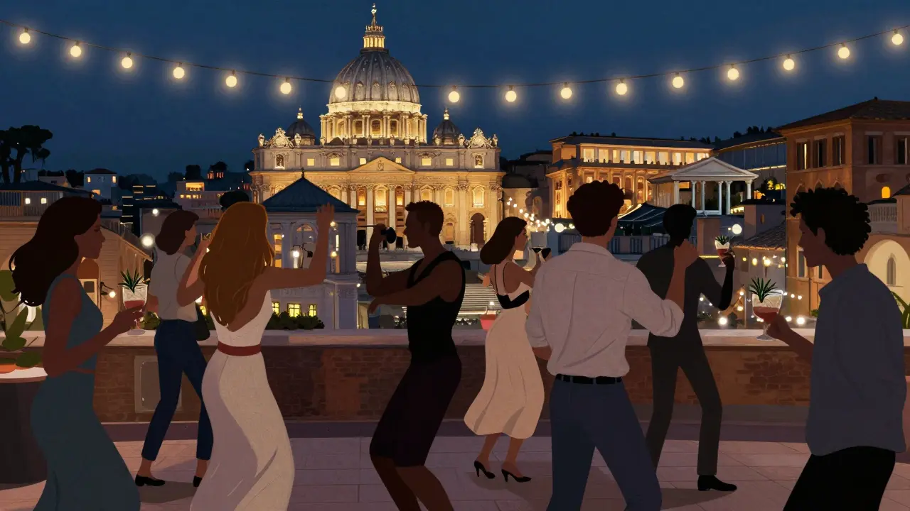 Rooftop dance party in Rome with St. Peter’s Dome and Pantheon glowing in the background, guests in smart casual attire under string lights.