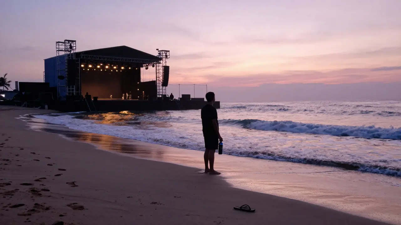 Silhouetted person at sunrise on an empty beach after a music festival ends.