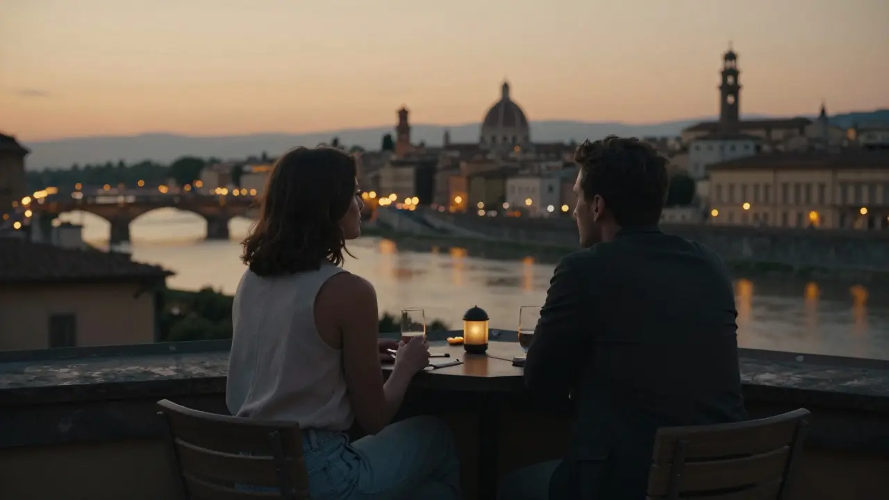 Silhouettes on a Rome rooftop at golden hour, overlooking the Tiber River with city lights reflecting below.