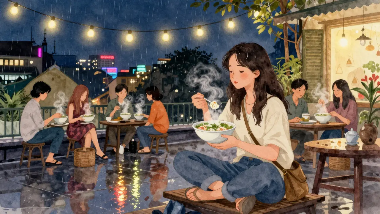 Solo traveler sharing a meal on a Hanoi rooftop at night, surrounded by locals under glowing string lights.