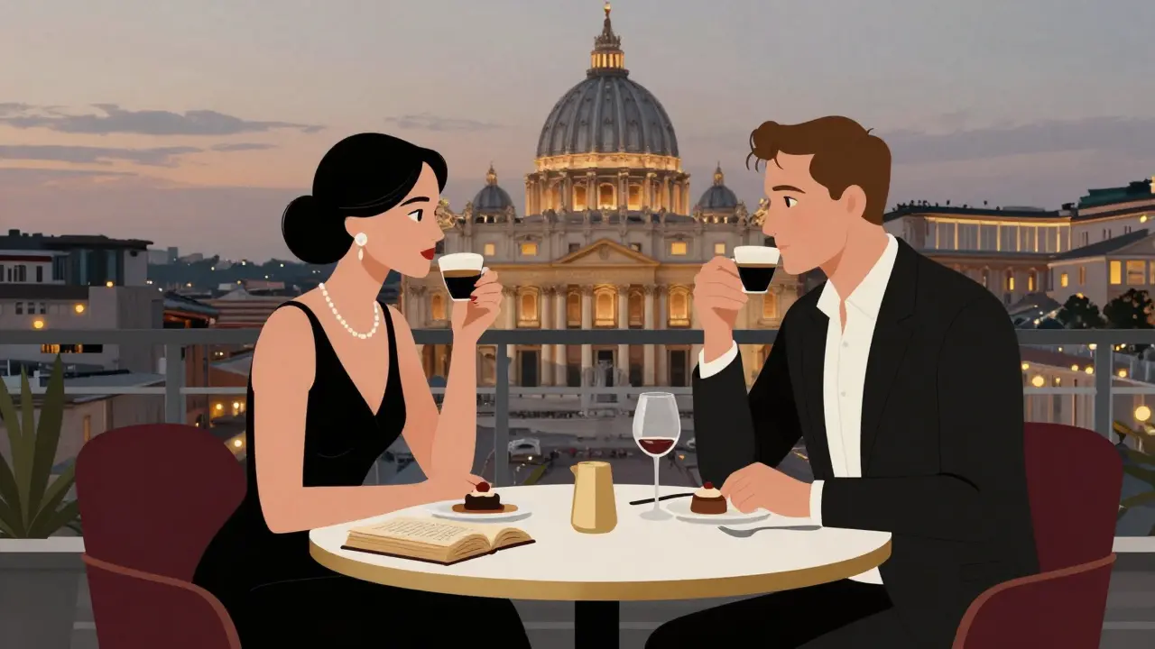 Sophisticated dinner at a Milan rooftop restaurant with views of St. Peter’s at twilight.