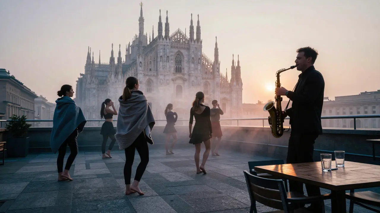 Sunrise on The Club Milano rooftop with dancers silhouetted against the Duomo, fog, and empty glasses on a table.