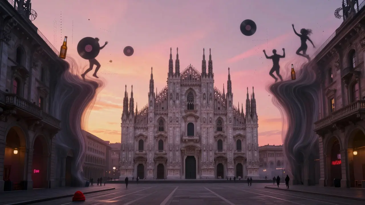 Surreal sunrise over Milan where dancers dissolve into soundwaves rising from Club Milano.