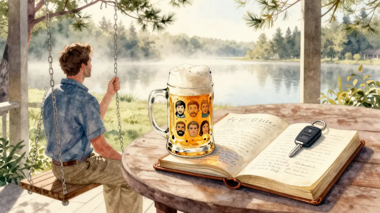 The groom sits alone on a porch swing, holding a hand-painted stein with a journal of notes beside him.