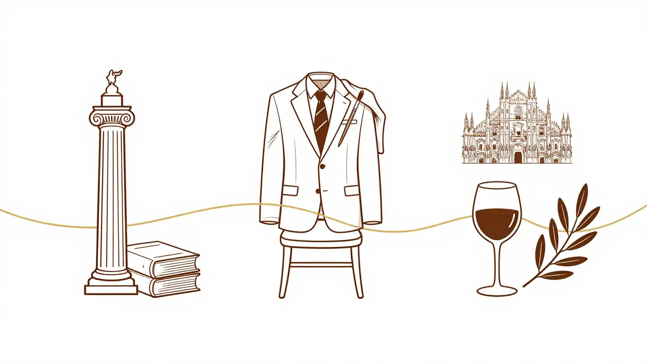 Three Italian cities symbolized by cultural objects: book, paintbrush, and wine glass connected by gold thread.