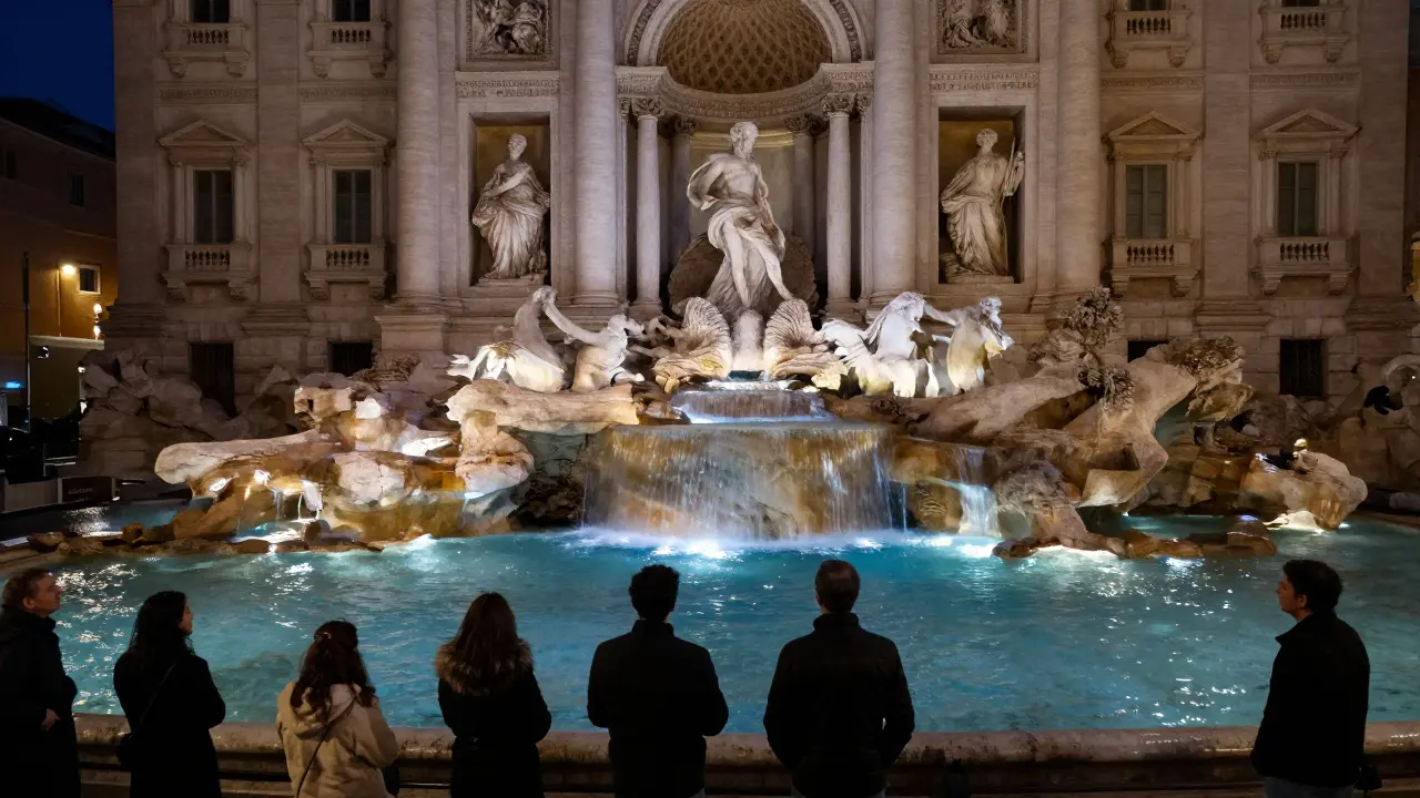 Trevi Fountain glowing blue and green at midnight, silent and still under the night air.