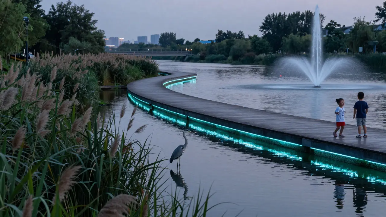Twilight boardwalk over the Lambro River with glowing lights and a heron standing in the water.