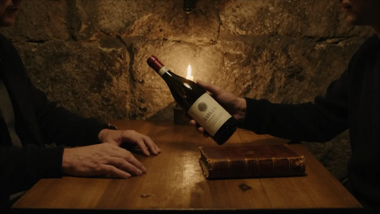 Two figures sharing wine in a candlelit underground cellar beneath Piazza Navona, surrounded by ancient stone walls.