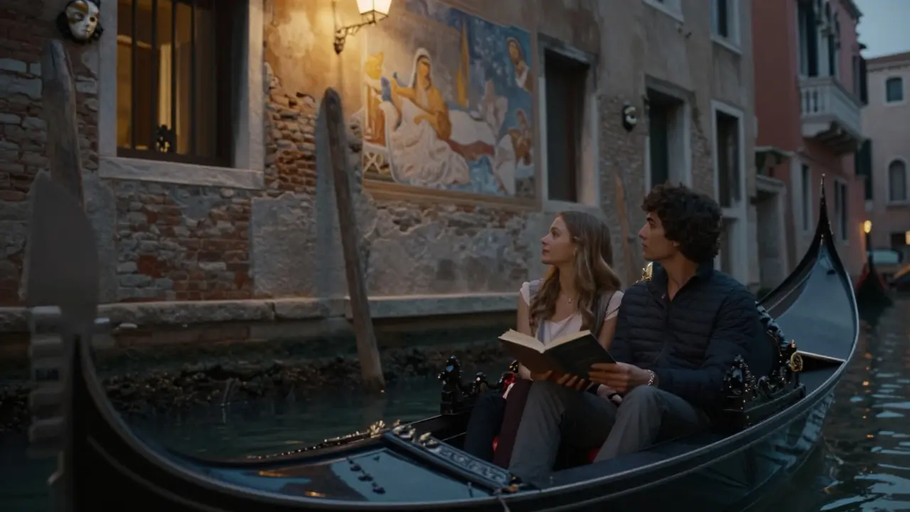 Two people in a Venice gondola at twilight, sharing quiet moments under lantern light.