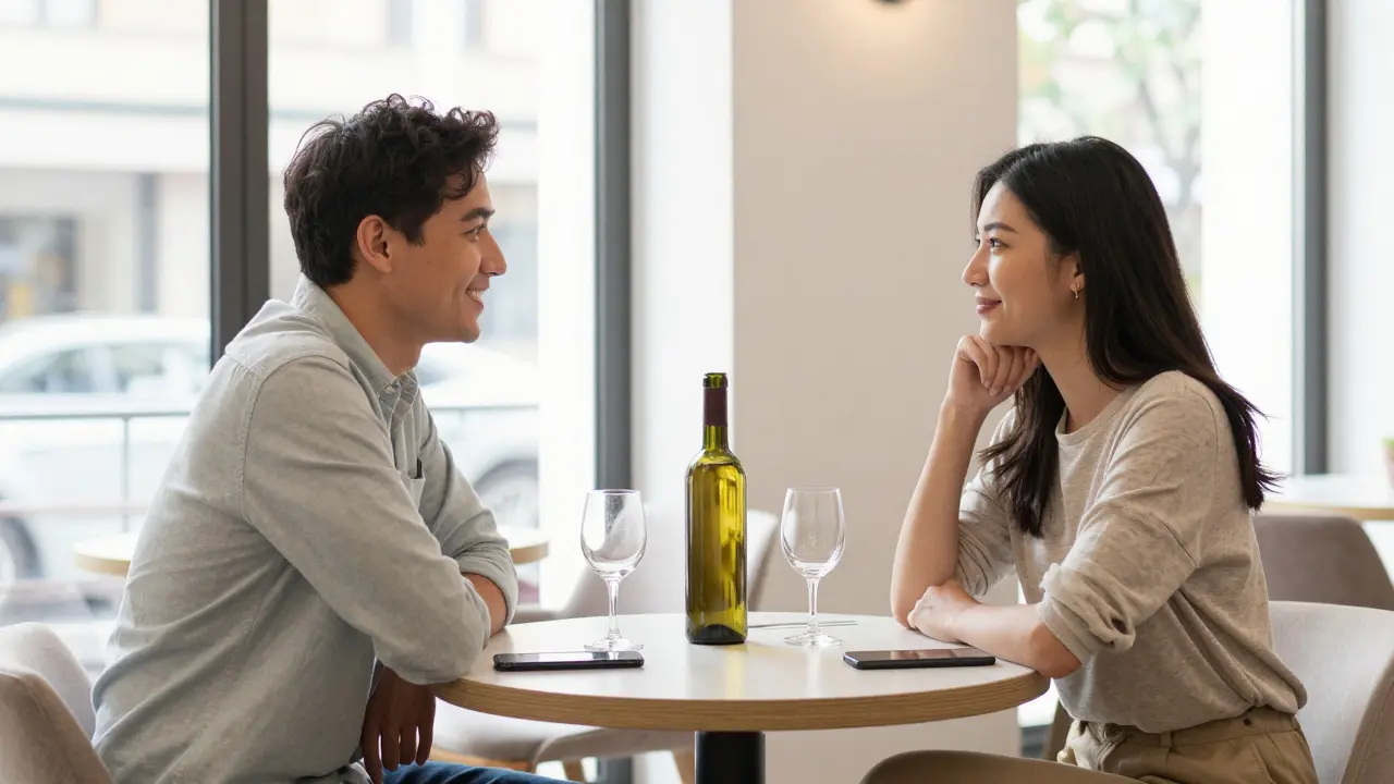 Two people meeting in a bright Porta Venezia café, respectful and calm during a first encounter.