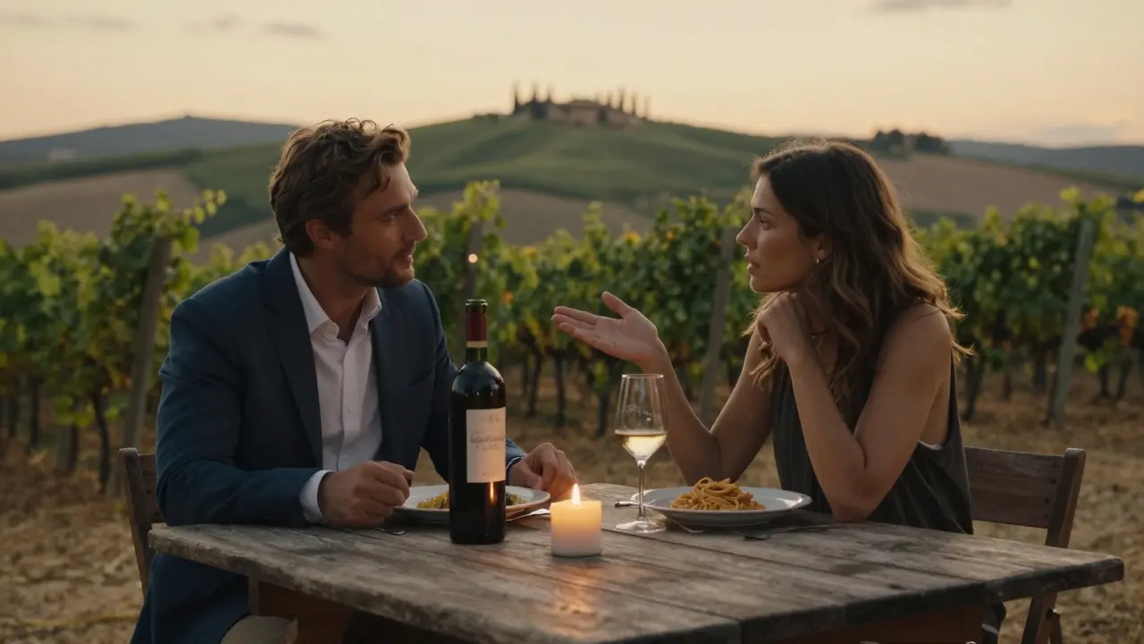 Two people share a quiet dinner at a Tuscan vineyard as the sun sets over the hills.