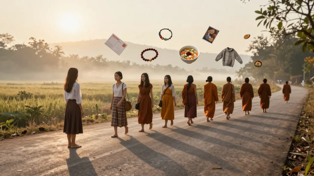 Woman standing at sunrise in Luang Prabang, her shadow merging with others, symbolic objects floating around her.