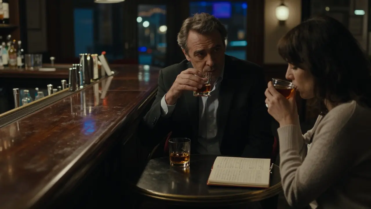 A businessman and a woman in a Milan hotel bar, each with their drink, no touch, only presence.