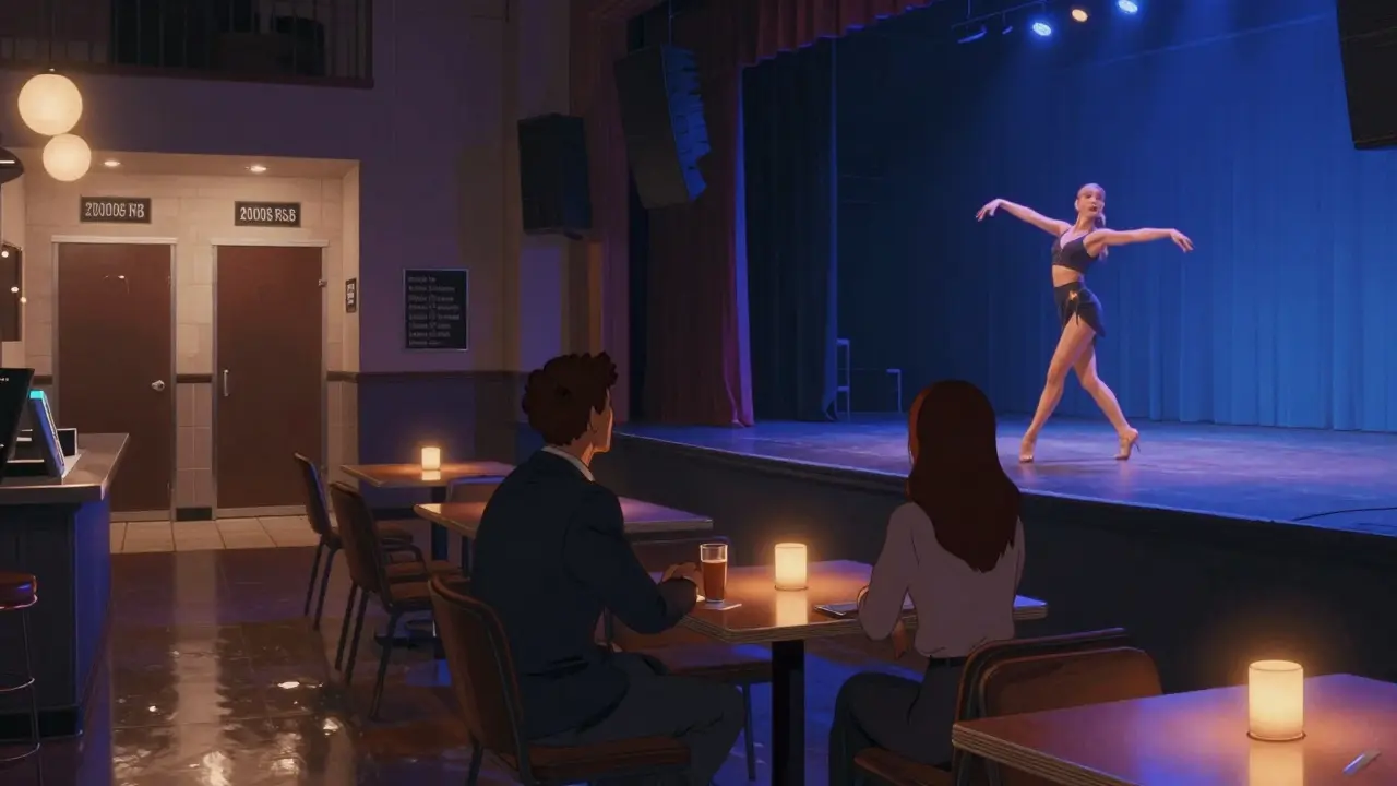 A couple enjoying a quiet evening at a well-lit strip club with soft LED lighting and polished floors.