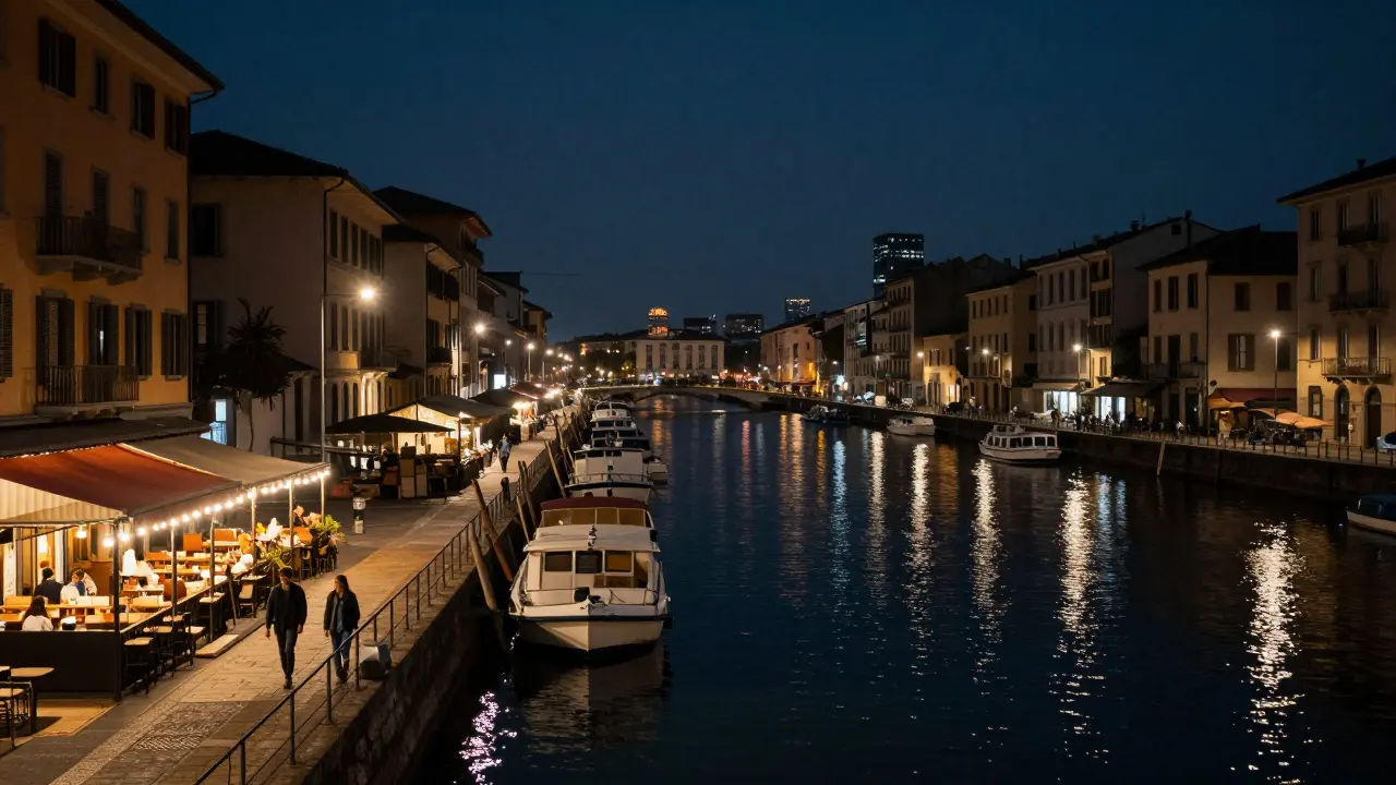 A couple strolls along the illuminated Navigli canal at night in Milan.