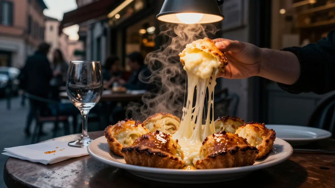 A fried rice ball being pulled apart to reveal molten cheese, with wine glass and napkin beside it on a wooden table.