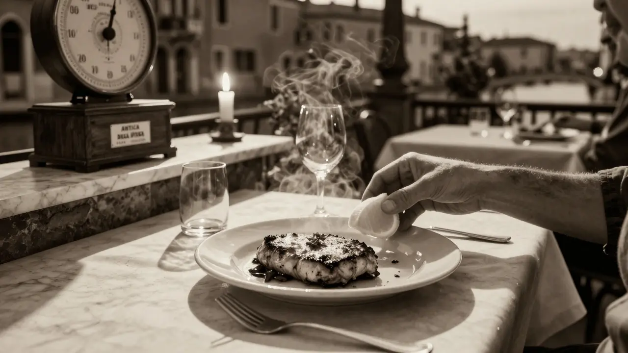 A golden veal cutlet on a plain plate, served with lemon, in a quiet, no-frills Milanese restaurant.