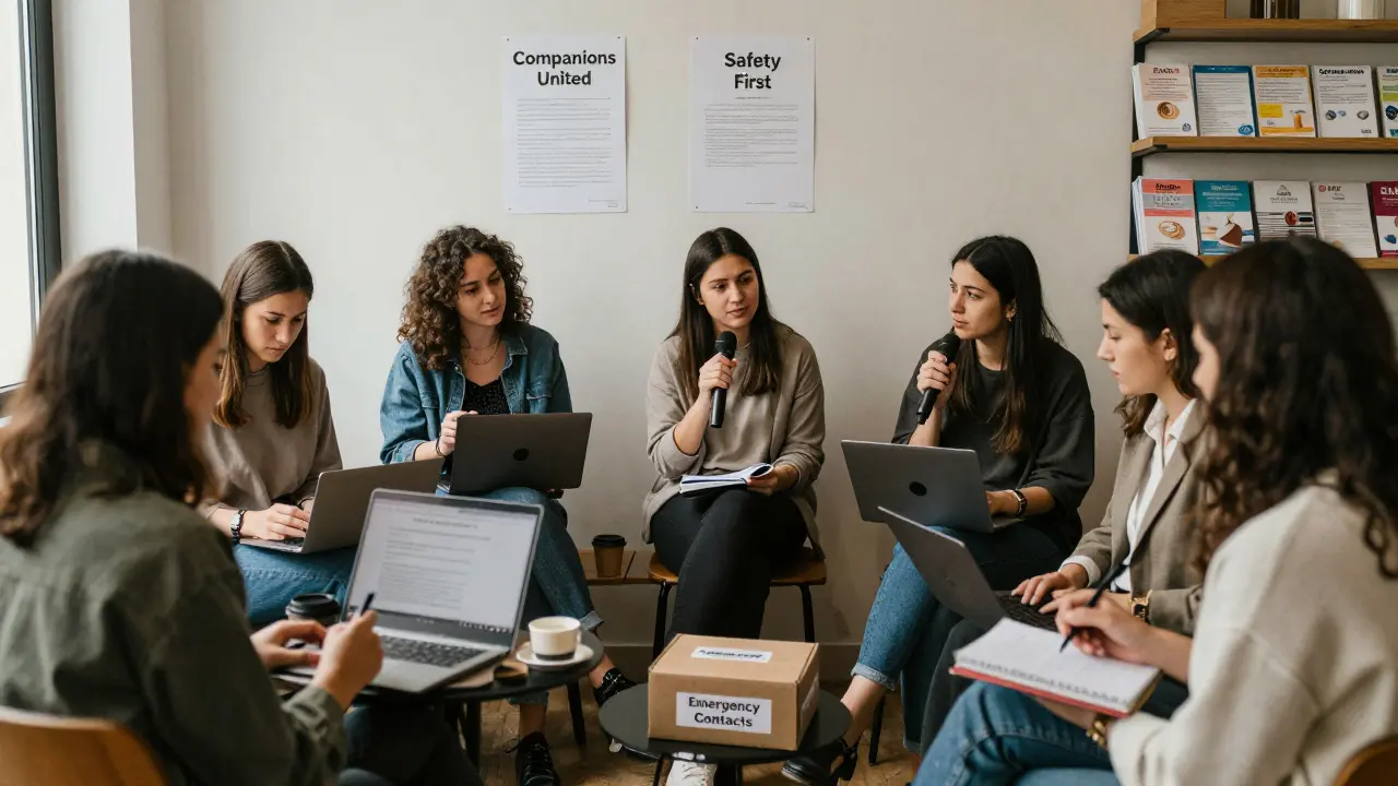 A group of women in Paris meeting in a community space, sharing resources and support.