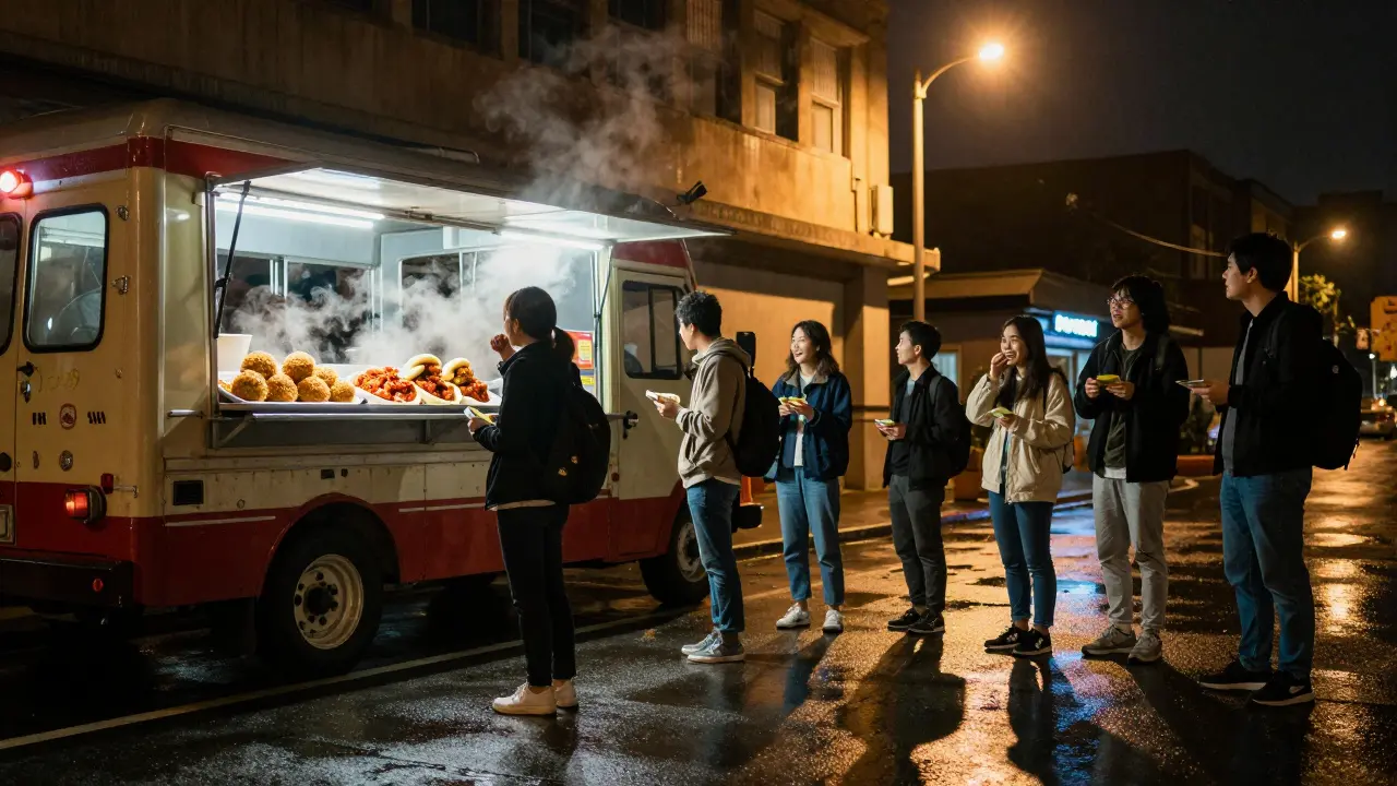 A late-night food truck serving spicy bao buns and fried rice balls, locals waiting in line under streetlights.