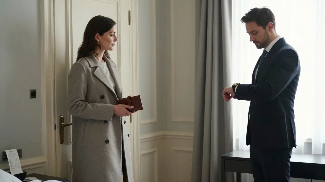 A man and woman in a hotel room, maintaining respectful distance with a receipt visible.