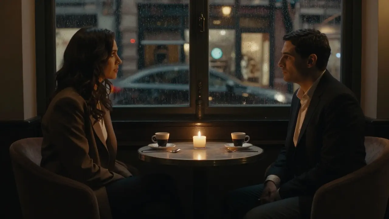 A man and woman meet in a dimly lit Milan hotel lounge, sitting quietly across from each other.