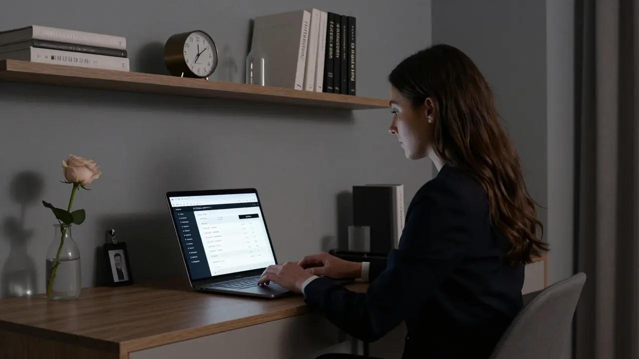 A professional escort's minimalist apartment workspace with a secure booking page and ID displayed.