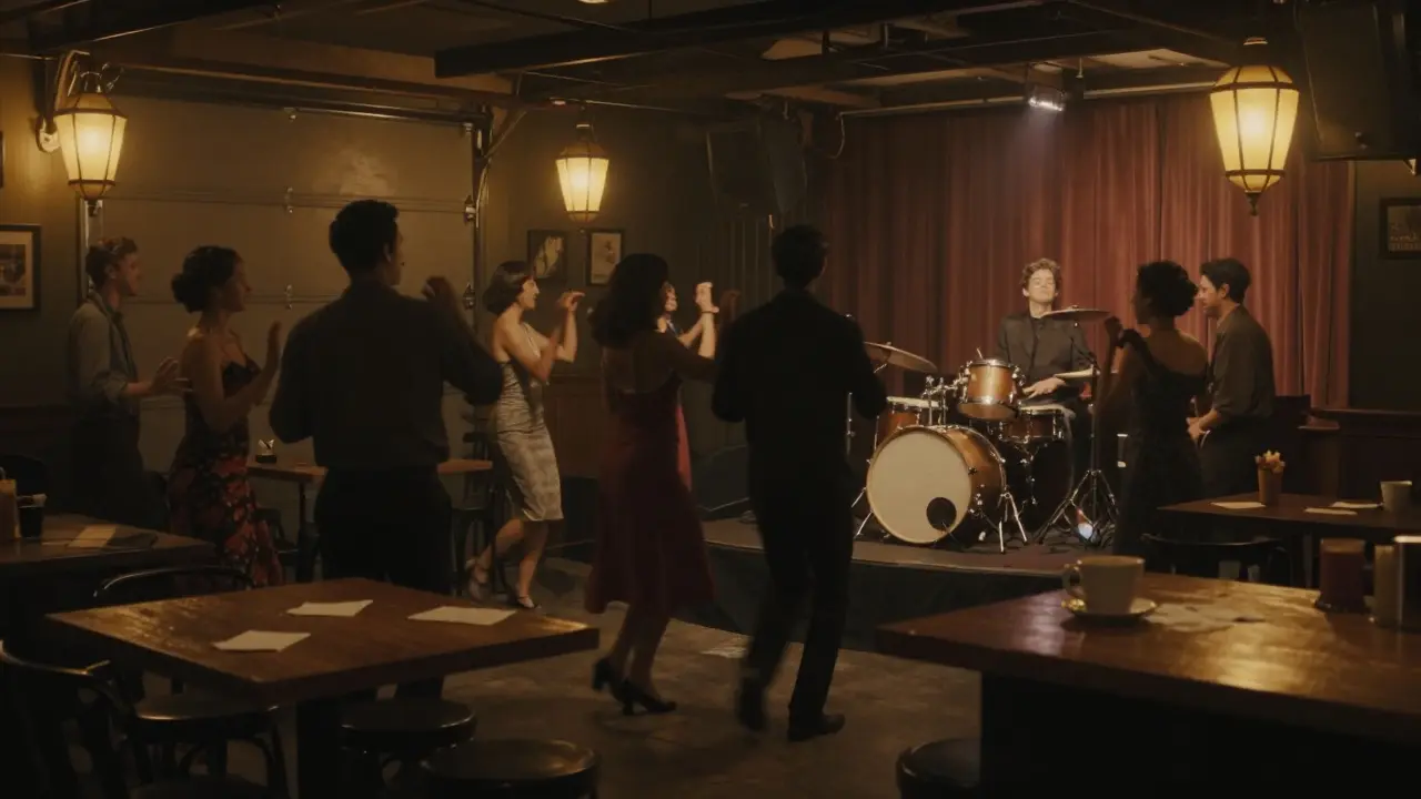 A quiet jazz lounge at midnight, people dancing softly under warm lantern light, drummer playing on a small stage.